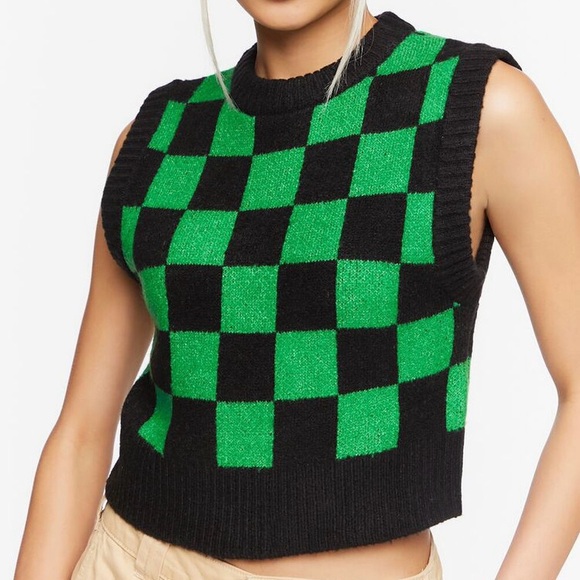 Trendy Checkered Forever 21 Cropped Sweater Vest - Picture 1 of 4